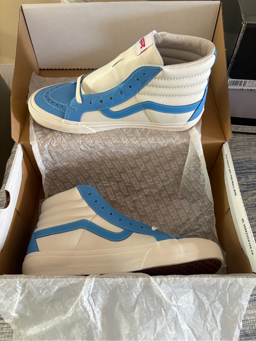 New Vans Sk8 Hi Leather High-Top Sneakers in White and Light Blue
